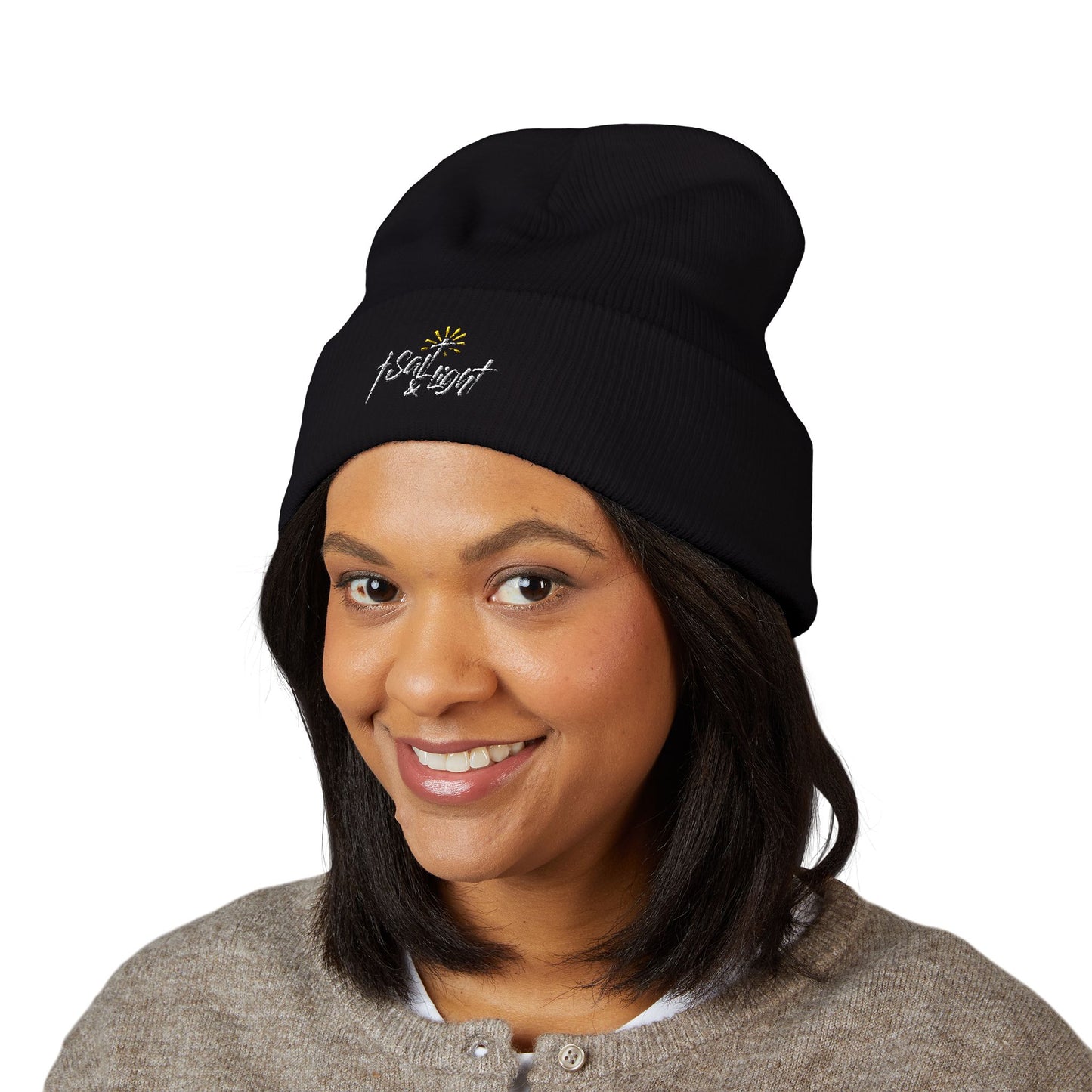 Embroidered "Fear & Light" Cuffed Beanie — Cozy Black Knit Hat